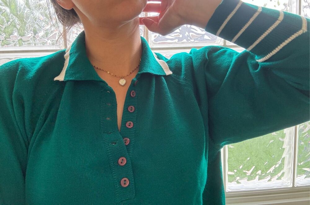 Women’s vintage 70s Eileen emerald green M-L super soft sweater striped polo pre